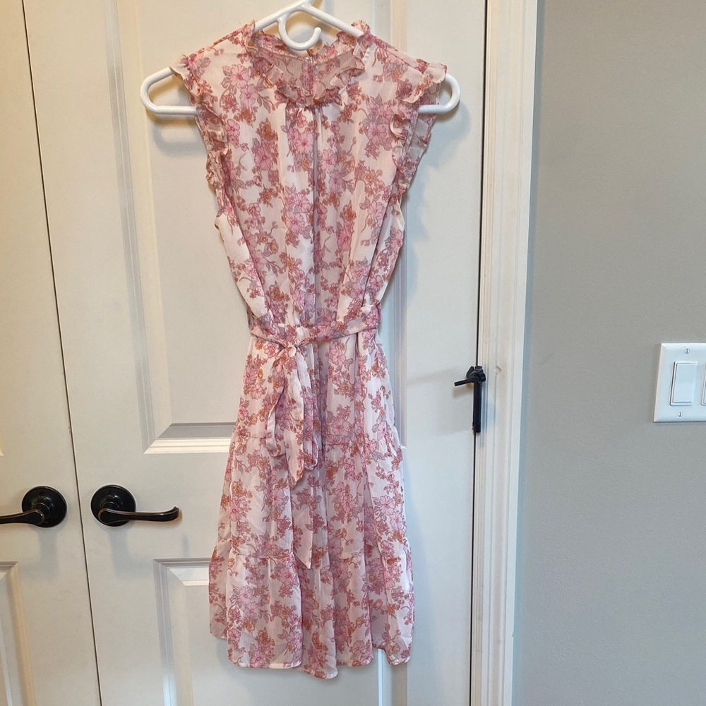 Sleeveless Pink Floral Tie-Waist Midi Dress